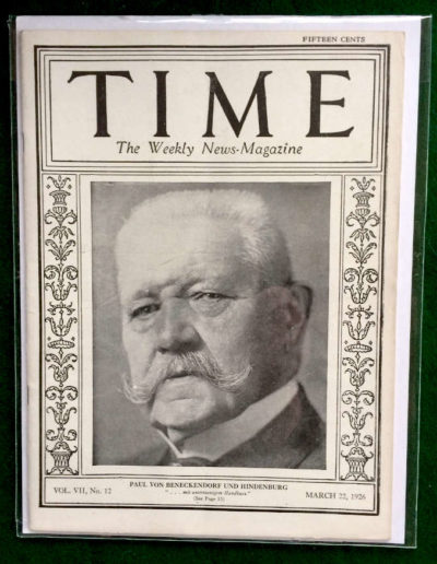 Time magazine with Hindenburg on front cover. Dated 1926