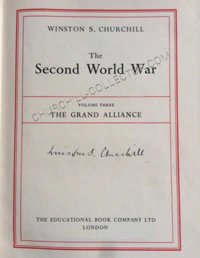 Title page of vol 3: Second World War by Winston Churchill. Signed by Churchill in all six volumes.